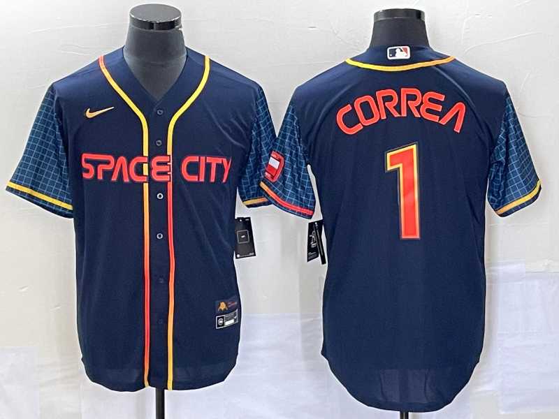 Men%27s Houston Astros #1 Carlos Correa 2022 Navy Blue City Connect Cool Base Stitched Jersey